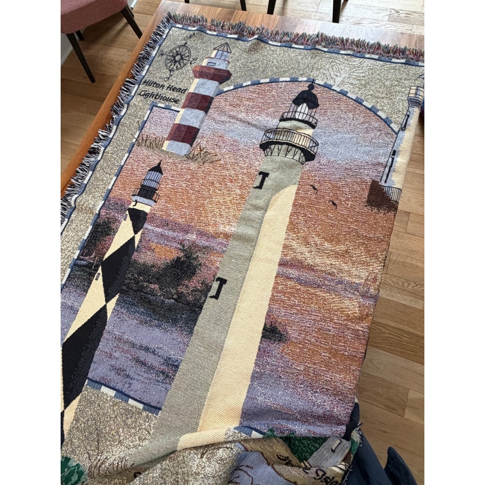 VTG Home Interiors Lighthouse Cotton Woven Throw Blanket Multicolor Nautical